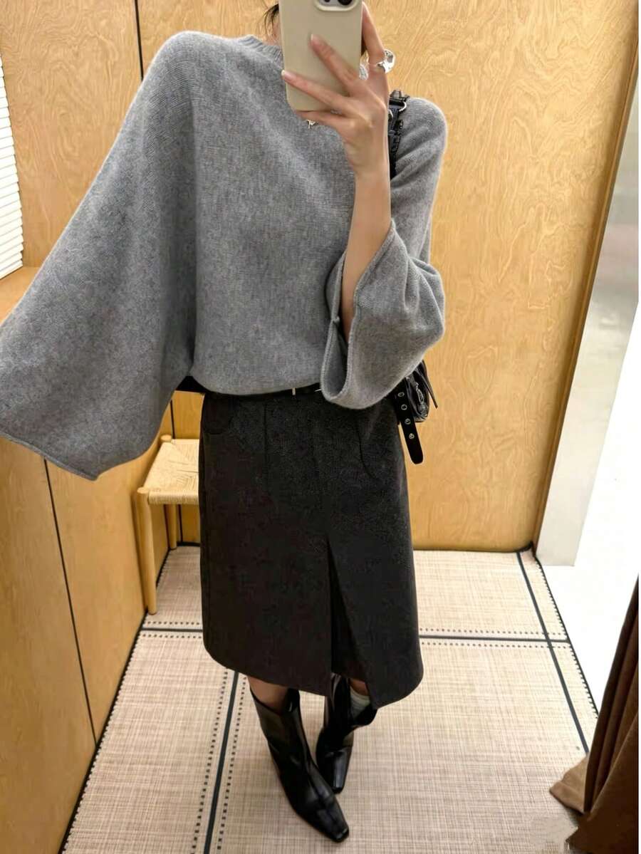 Women's Autumn/Winter New Knit Loose Batwing Sleeve Pullover Elegant Shawl Sweater For Outerwear - Grey - View 1