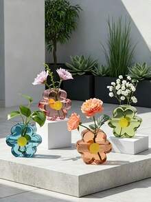 1pc Glass Vase, Creative Flower-Shaped Glass Hydroponic Vase, Transparent Colorful Floral Arrangement Tool, Dining Table Decor Ornament - A - View 2