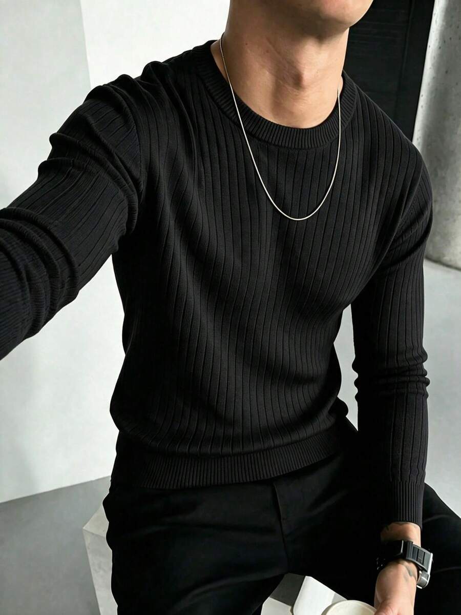 Men's Solid Color Ribbed Crew Neck Knit Sweater, Casual All-Match Versatile Long Sleeve Pullover, Suitable For Daily Commute And Business Wear - Black - View 1