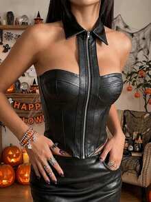 Vexica Women's Sexy Black PU Leather Corset Top, Front Zipper Sleeveless Vest, Suitable For Night Out And Daily Wear, Elegant Vacation Outfit - Black - View 2