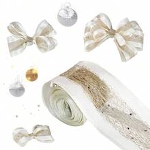 1pc New Christmas Polyester Gold Ribbon Bow Decor, DIY Christmas Tree Party Gift Box Decoration Ribbon - Multicolor - View 2