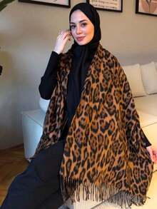 1pc Women's Solid Color Scarf, Warm Neck Accessory For Winter, Thick Knitted Fringed Shawl, Suitable For Dresses - Rust - View 4