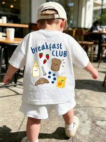 Baby Boy Cute Food Pattern Back Print Basic T-Shirt, Milk Strawberry Croissant Cartoon Pattern Loose Fit Summer Top - White - View 1