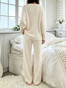 Women's Casual Home Wear Knitted V-Neck Top And Straight-Leg Pants Set - Apricot - View 2