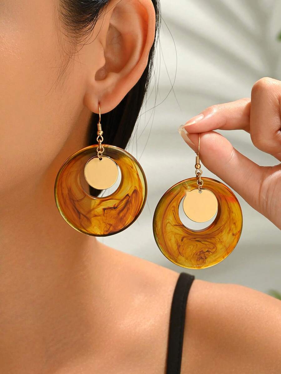 1 Pair Exaggerated Retro Amber Brown Geometric Round Earrings For Women, Suitable For Vacation And Daily Wear - Multicolor - View 1