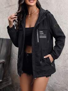 Women's Fashion Casual Autumn Hooded Drawstring Waist Cardigan Jacket - Black - View 3
