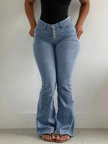 Women Blue Slight Stretch Flare Jeans High Waist Button Placket Bootcut Denim Pants Y2K Streetwear Sexy Wash Casual Skinny Denim Pants,Fall Winter - Light Wash - View 3