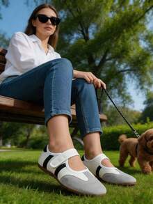 Women's Colorblock Patchwork Mary Jane Ballet Flats, Round Toe, Adjustable Strap, Comfortable Soft Insole, Casual Commute Date Street Style Travel Flat Shoes - White - View 3