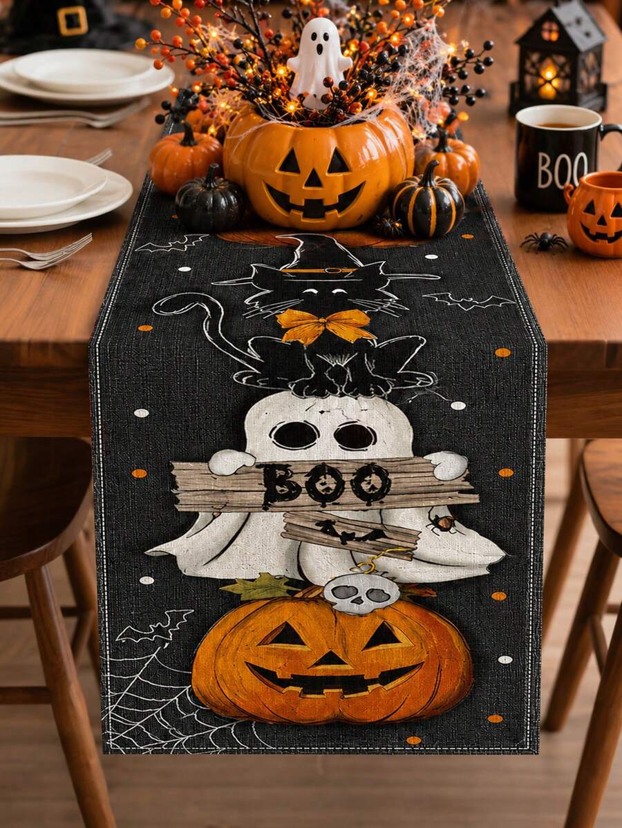 1pc Halloween Linen Table Runner, Black Spooky Rectangular Table Decor With BOO, Pumpkin, Skull And Black Cat Print, Festive Tabletop Decoration For Halloween Party, Kitchen And Home - Multicolor - View 1
