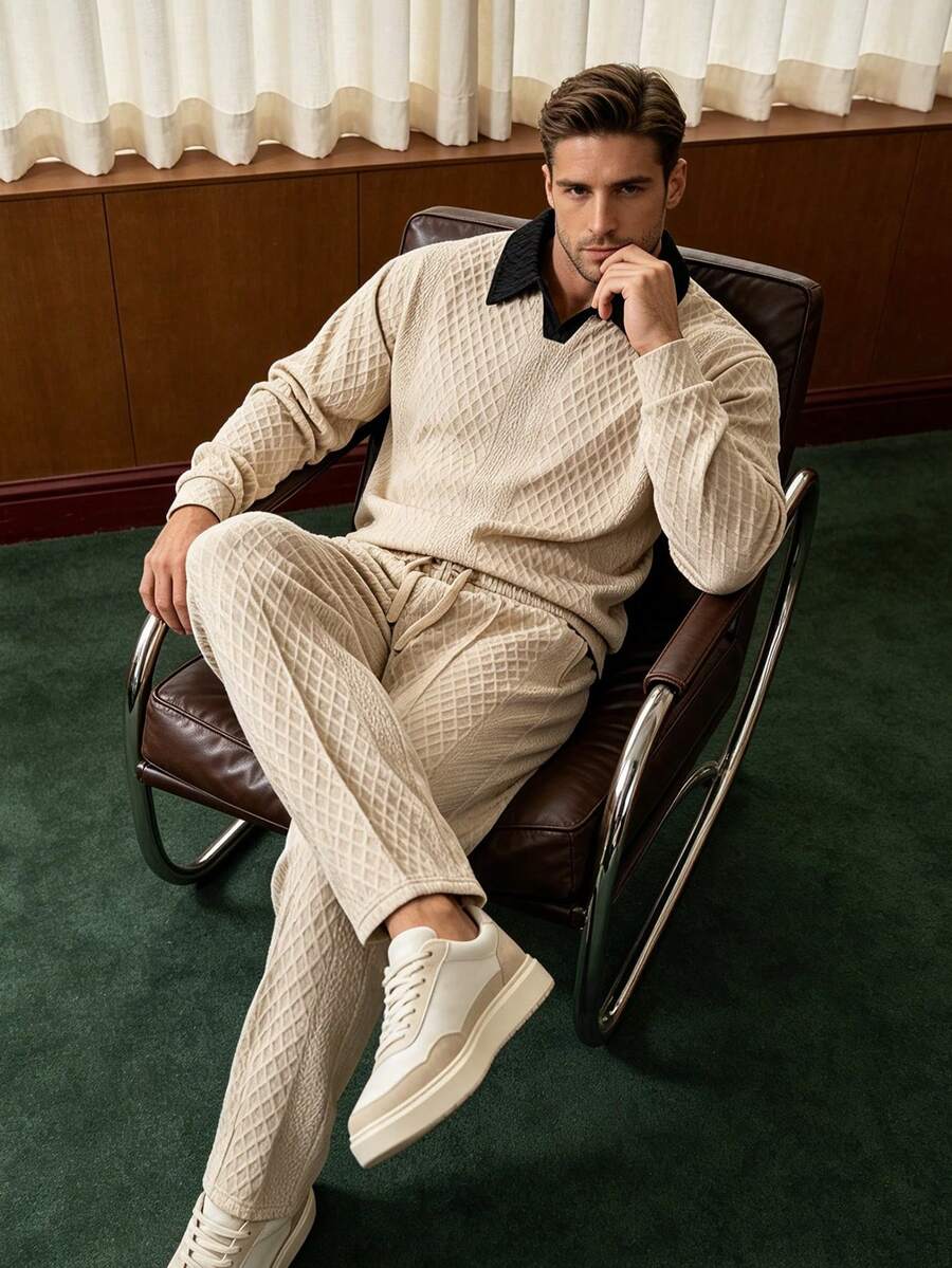 Men's Spring/Autumn Daily Commute Fashion Casual New Jacquard Polo Long Sleeve Pants Set - Khaki - View 1