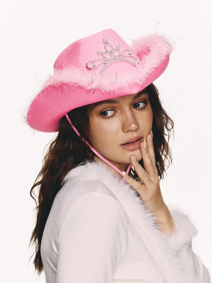 Popjeli 1pc Women's Autumn Party Rhinestone Pink Crown Cowboy Hat, Halloween Feather Edge Festival Party Hat Suitable For Daily Wear - Multicolor - View 1