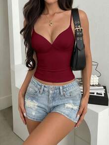 Women's Solid Color Vacation Shaping Fashion Camisole With Padded Cups Anti-Nipple Casual Summer - Burgundy - View 5