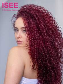 ISEE Hair 99J Burgundy Color Kinky Curly 3 In 1 Half Wig Human Hair 16-28 Inch 180% Density Full & Bouncy Natural Curl Pattern Seamless Blend Protective Style Adjustable Straps Daily Wear - S99J - View 1