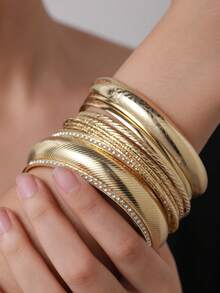 RINTOLER 9pcs Niche Creative Design Woven Geometric Hollow Iron Bangle Set, Vintage Style, Suitable For Women's Daily Wear Accessories Gift - ZJ11241-9 Pieces Of Gold Diamond Bracelets - View 3