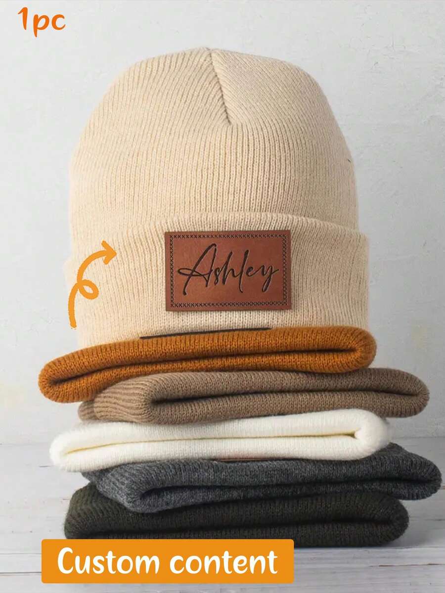 MerexSync Personalized Knit Hat, Customized Name Faux Leather Patch Cap, Unisex, Ribbed Cuff, Warm Winter Hat, Casual Daily Outdoor Gift Knit Hat, Suitable For Daily Wear And Gifting, Christmas Hat, Adult Personalized Knit Hat, Handmade Winter Hat - Multicolor - View 1