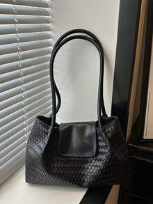 Women's Woven Handbag, Casual Soft Shoulder Tote Bag, Simple Top-Handle Purse For Daily Shopping Work - Black - View 2