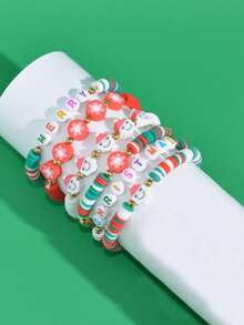 6pcs/Set Christmas Letter Theme Beaded Soft Clay Bracelet Set, Children's Christmas Decoration Jewelry Party Gift - Multicolor - View 8