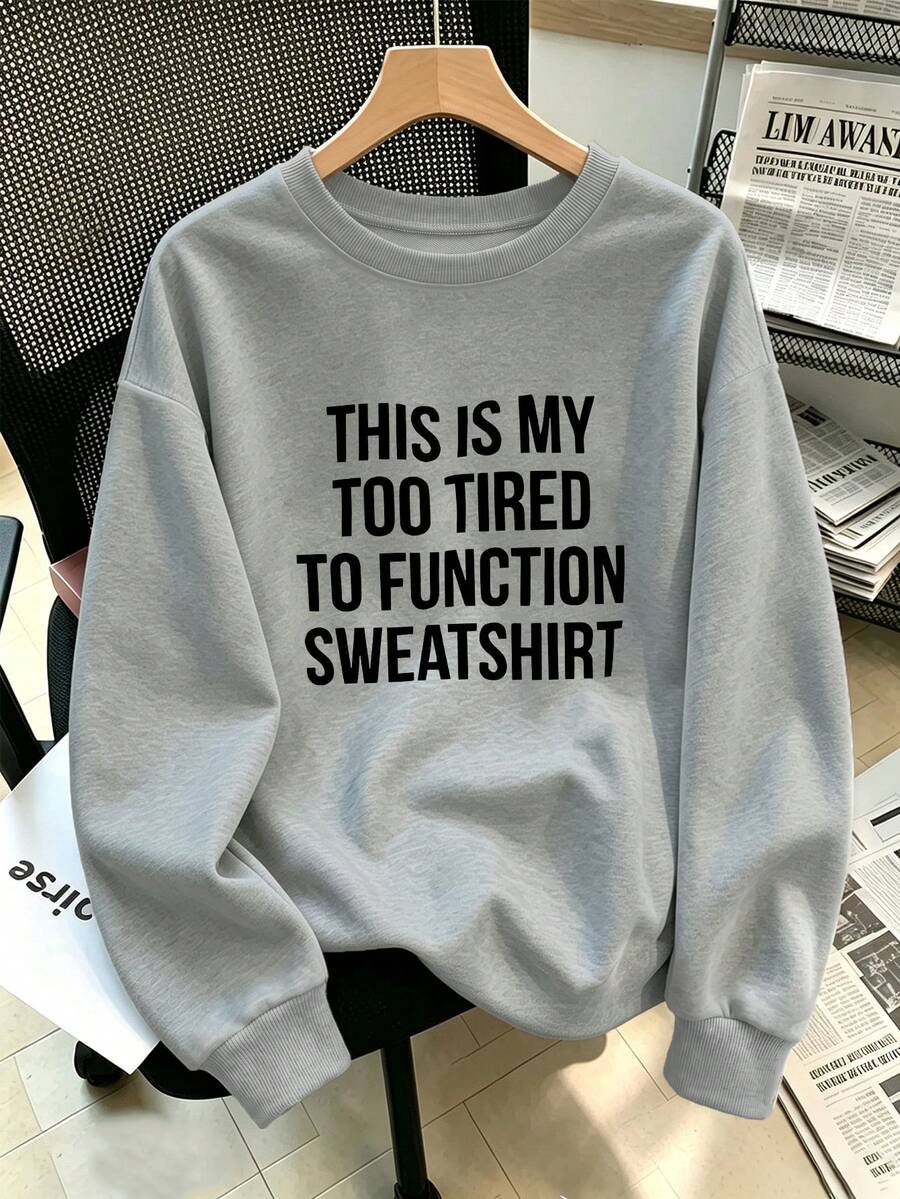Plus-Size Women's Funny And Humorous Quotes Graphic Print Crew Neck Sweatshirt, Stylish, Suitable For Casual Everyday Street Wear In Autumn And Winter - Grey - View 1