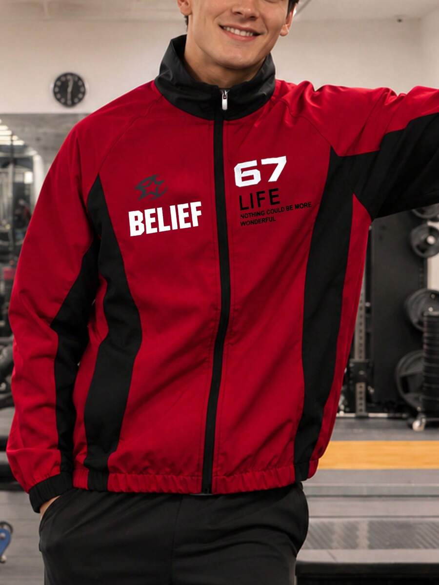 Men's Red & Black Letter Print Colorblock Zip-Up Stand Collar Long Sleeve Casual Streetwear Flight Jacket, Suitable For Autumn - Red - View 1