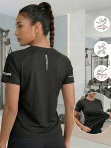 3pcs/Set Solid Color Short Sleeve T-Shirt Women's Summer Minimalist Sports Top, Elastic Minimalist T-Shirt Black - Black - View 4