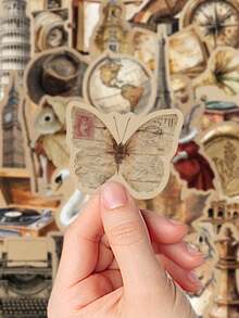 60Pcs Vintage World Travel Stickers, Retro Antique Architecture Globe Rabbit Butterfly Pattern Decals, Aesthetic DIY Craft Stickers For Journaling Scrapbooking, Tumbler, Laptop, Luggage, Phone Case Decoration - 60pcs - View 5