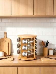Bamboo 360° Rotating Spice Rack With 12 Glass Spice Jars, Rotatable Base Design, 3‑Tier 4‑Sided Layout, Spice Organizer For Kitchen Counter, Spice Sorting & Easy Rotating Access - Random Color - View 3