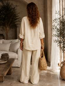 Women's Butter Yellow Textured 2 Pieces Pants Set, Relaxed Collared Half-Button Top & Wide-Leg Trousers, Elegant Casual Early Fall Outfit - Apricot - View 3