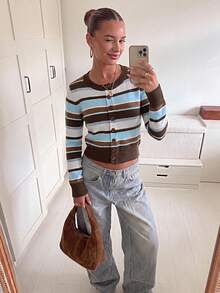 Women's Classic Colorblock Striped Knit Cardigan, Autumn Outfit, Office Fashion, Street Casual Wear. - Baby Blue - View 3