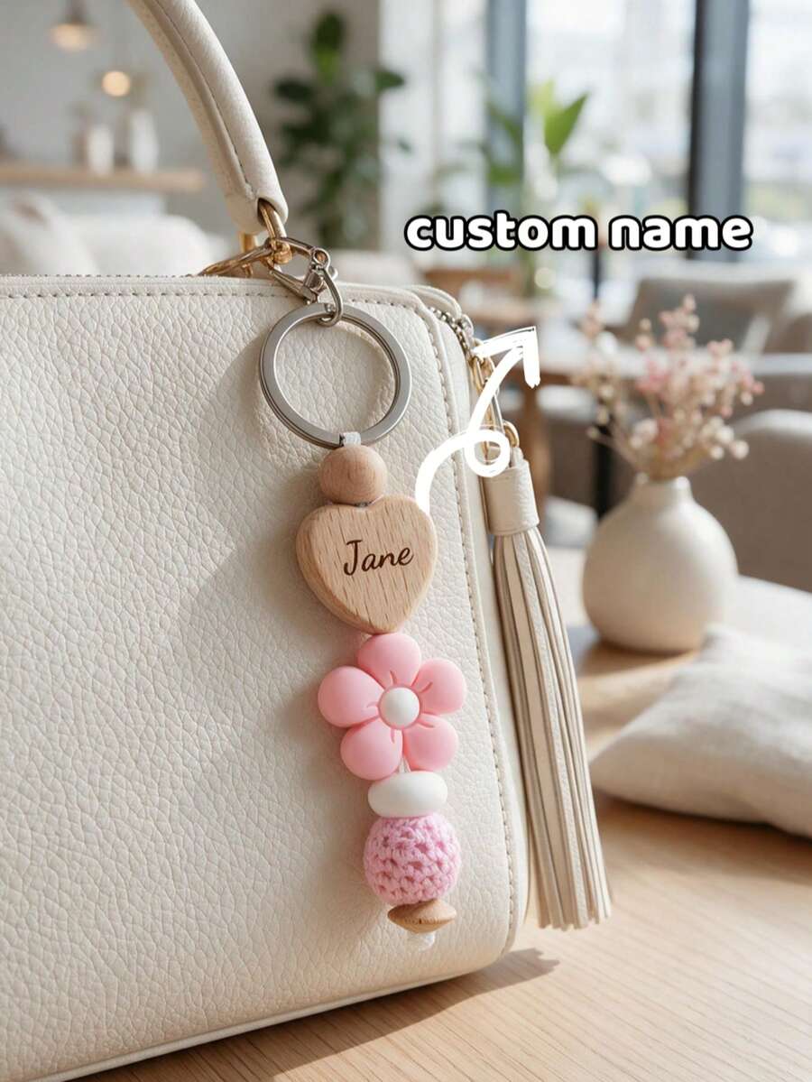 Wooden Style Silicone Flower Keychain Pendant Bag Charm Accessory Gift - Multicolor - View 1