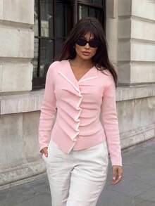Women's Autumn Outfit: Elegant V-Neck Pink Fashionable Long-Sleeve Button-Up Cardigan Sweater, Suitable For Everyday And Commuting Wear. - Pink - View 6