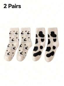 2 Pairs Cute Cow Pattern Plush Round Neck Fluffy Socks, Thick Warm Coral Fleece Socks, Soft & Comfortable, Suitable For Daily Wear, Holiday, Winter Home Warmth, Cozy & Caring - Multicolor - View 13
