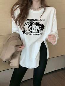 Vintage Distressed Black Cat & Star Graphic English Print White Long Sleeve T-Shirt, Oversized Slouchy Student Casual Autumn Top - White - View 1