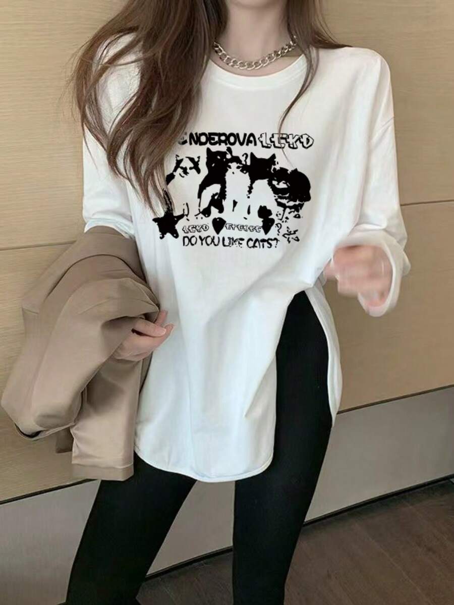 Vintage Distressed Black Cat & Star Graphic English Print White Long Sleeve T-Shirt, Oversized Slouchy Student Casual Autumn Top - White - View 1