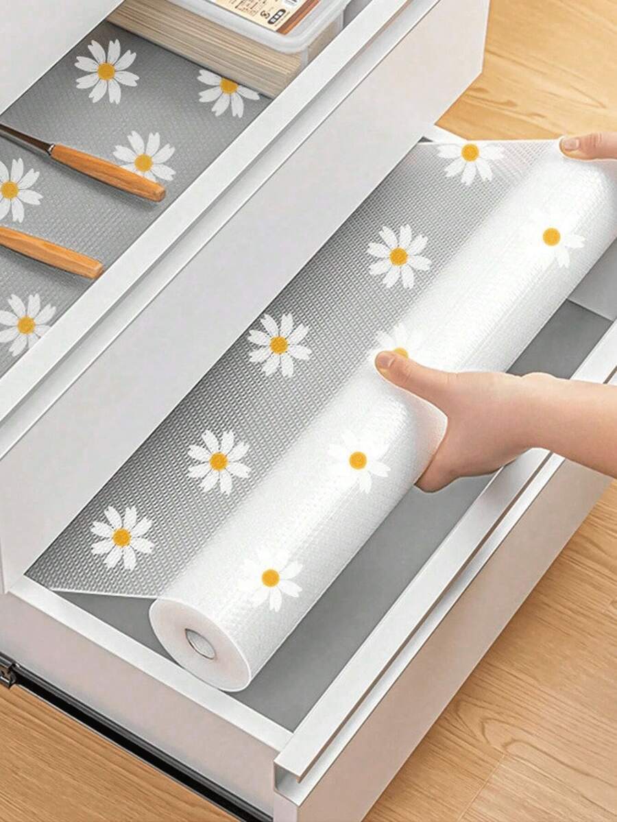 1 Roll Daisy Kitchen Cabinet Shelf Liner, Non-Adhesive Drawer Liner, Anti-Slip Refrigerator Mat, Waterproof Fridge Mat Cabinet Liner Simple Table Mat. Durable, Anti-Dirt, Anti-Dust.