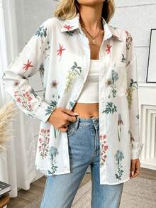 Camisa de mujer con bolsillo y estampado floral - Blanco-verde - Ver 3