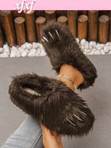 XfxfA Pair Of Fashionable Claws/Plush/Bag Heel Slippers For Women, Suitable For Daily Home/Dormitory Wear/Halloween Wear. - Brown - View 1