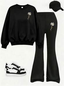 2pcs/Set Girls Minimalist Casual Slogan Print Crew Neck Sweatshirt & Flare Pants Set, Autumn/Winter Fashion Comfortable New Style - Black - View 3