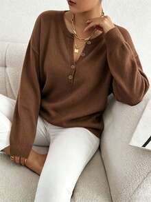 Plus Size Solid Color Casual Crew Neck Button Knit Long Sleeve Pullover Sweater - Brown - View 5
