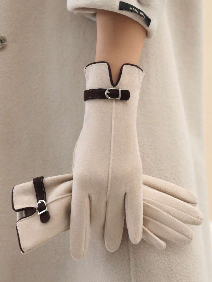 1 Pair Contrast Color Casual Polyester Fiber (Polyester) Snap Button Warm Gloves, Daily Winter Wear, Touchscreen Compatible, One Size, Multiple Colors Available - A - View 1