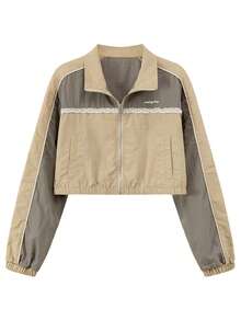 CHUU Contrast Color Zipper Jacket Women Autumn Lace Trim Patchwork Casual Versatile Letter Crop Top - Coffee Brown - View 9