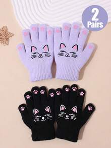 2 Pairs Kids Cute Cartoon Cat Print Knitted Full Finger Gloves, Soft Warm Winter Gloves, Elastic Ribbed Cuff Hand Protection, Suitable For Girls Outdoor Daily Wear - 2Pairs - View 5