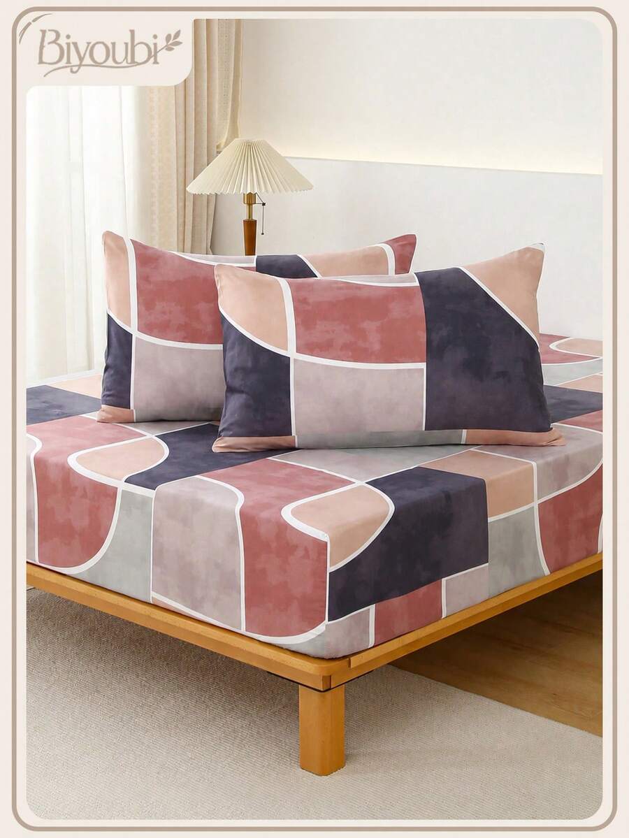3Pcs Fitted Sheet Sets Geometric Pattern 1 Fitted Sheet + 2 Pillowcases - Coral Pink - View 1