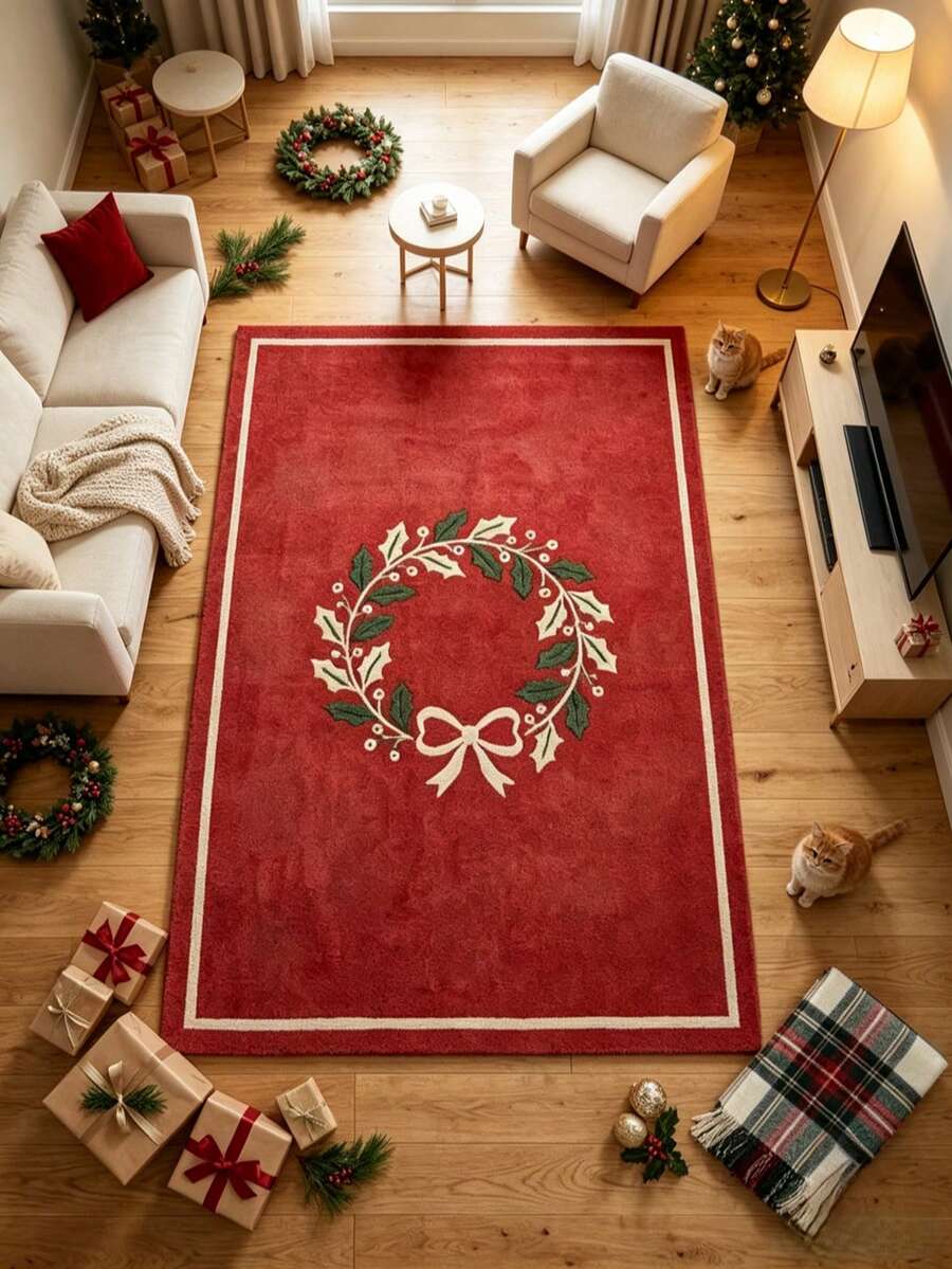1pc Christmas Red Background Wreath Living Room Carpet, Rug, Area Rug, Large Rug, Floor Mat, Christmas Carpet - Multicolor - View 1
