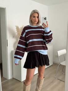 Women's Blue Colorblock Crew Neck Long Sleeve Sweater Set, Autumn/Winter, Skin-Friendly, Slouchy, Casual Daily Wear - Brown - View 5