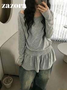 Korean Style Ballet Off-Shoulder Ruffle Pleated Long Sleeve T-Shirt Round Neck Versatile Loose Top For Women - Light Grey - View 9