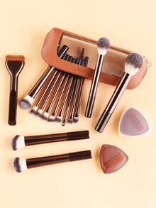 ronshadow Multifunctional 14-Piece Makeup Brush Set With Storage Bag & 2 Triangle Powder Puffs, Full Set Of Soft Bristle Face And Eye Makeup Brushes, Suitable For Daily Makeup, Storage Bag For Easy Organization And Storage - Multicolor - View 1