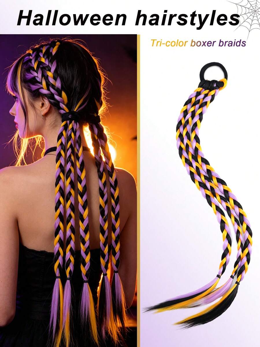 1pc/2pcs Braid Hair Extensions - Heat-Resistant Synthetic Fiber, Women's Costume Wig, Ponytail Extension, Easy To Wear, Suitable For Halloween Costume Hair Accessory - Multicolor - View 1