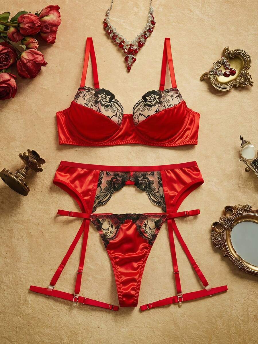 PinupPomp 5pcs Women's Sexy Embroidered Metal Chain Lingerie Set Floral Embroidery Including Sexy Bra, Thong, Garter Belt, Leg Chain - Red - View 1