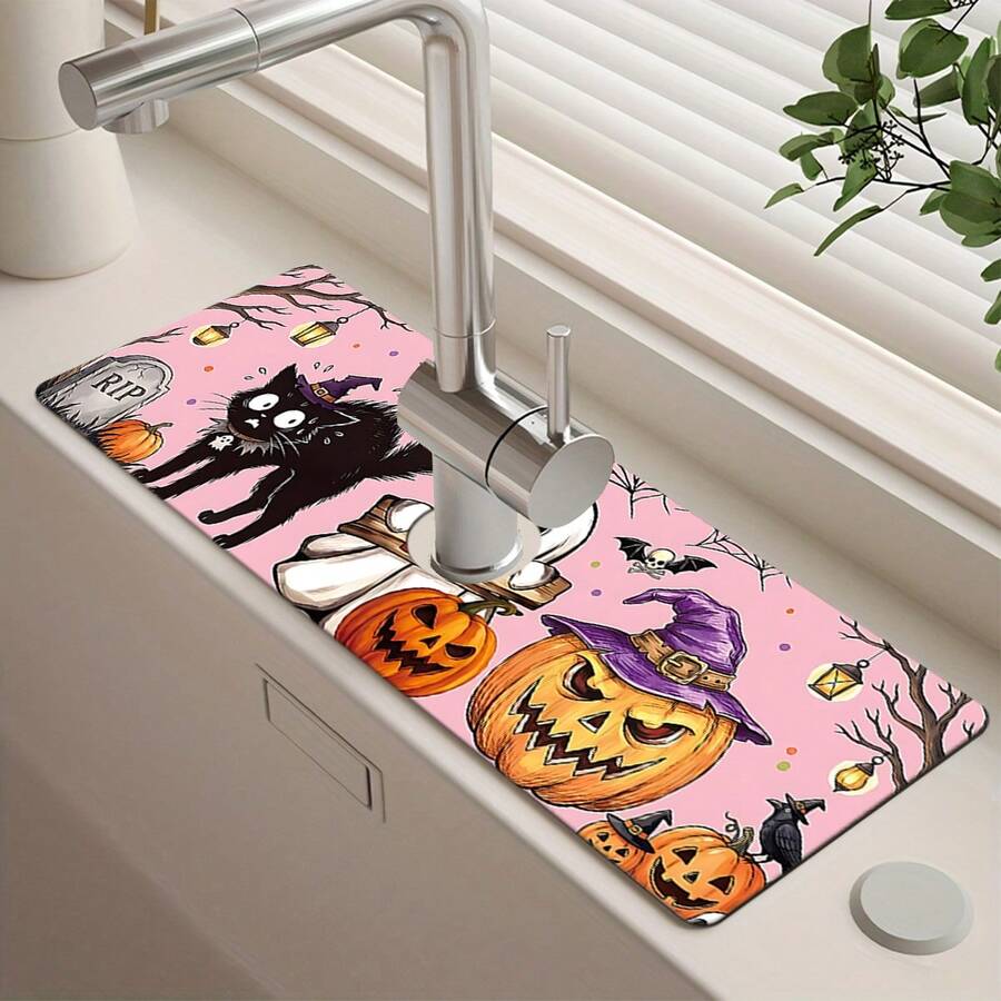1 buah Keset Keran Halloween, Keset Penyerap Keran Wastafel Motif , Keset Drainase, Cocok Untuk Dapur, Wastafel Kamar Mandi, Meja Dapur, Keset Drainase, Bahan Tanah Diatom, Dapat Dipotong, Keset Cepat Kering - MultiWarna - View 1