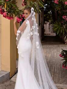 1pc 3D Floral Faux Pearl Long Trailing Lace Bridal Veil, Single Layer Short With Hair Comb, Waltz Length, Suitable For Cathedral Wedding, Wedding Photography, Civil Registration Headpiece - White -i - View 14